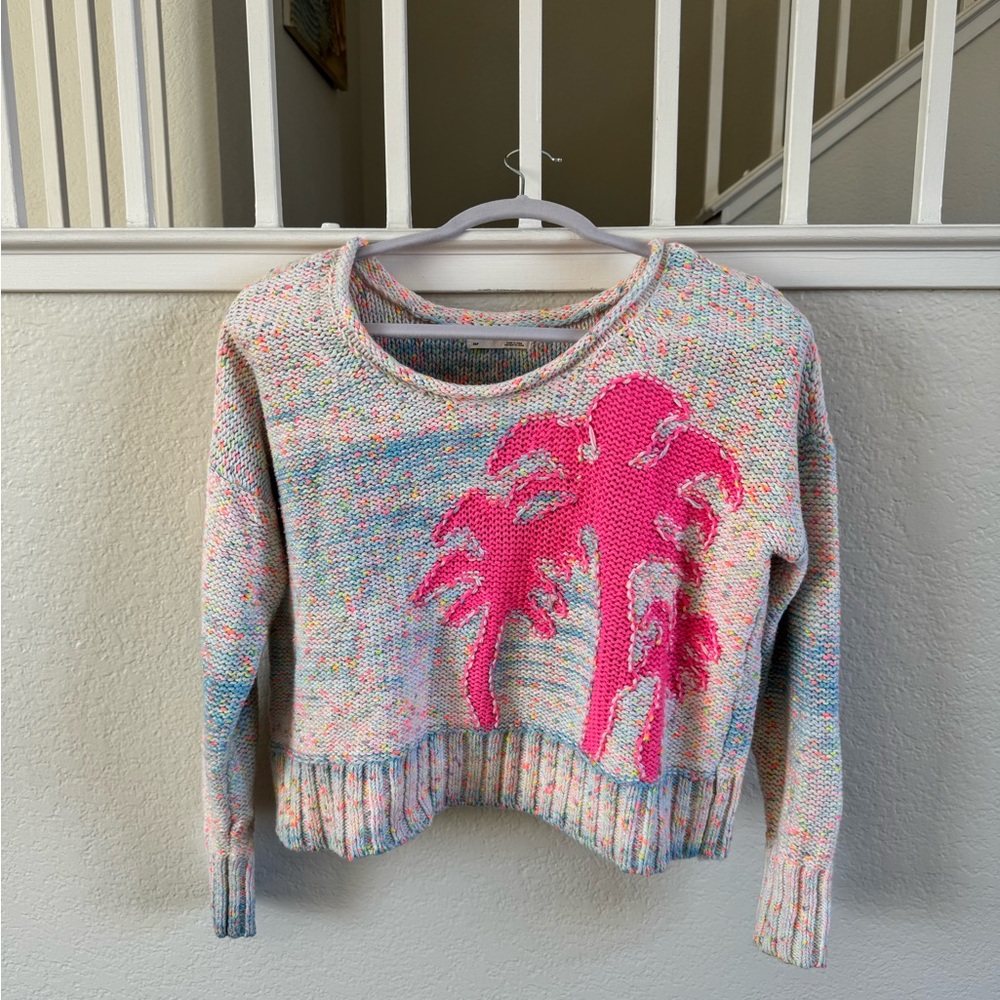Anthropologie Multicolor Speckled Crewneck Sweater with Pink Palm Motif